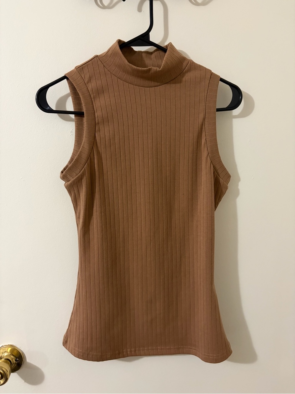 Ribbed Mock Neck Sleeveless Tank in Camel